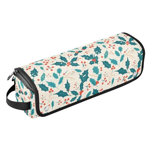 FRODOTGV Weihnachtsmuster mit rosa Flamingo Olive Lockenstab Reiseetui mit hitzebeständiger Matte Damen Abnehmbare Doppellagige Tragetasche für Glätteisen, Glätteisen, Weihnachts-Stechpalmenbeeren, 1 von FRODOTGV