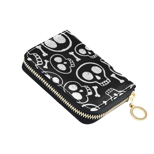 FRODOTGV Weiße Totenköpfe Schwarz Slim Card Wallets Mädchen Risikofrei RFID-Kartenhalter Leder Reißverschlusstasche Geldbörse für Reisen, White Skulls Black, 1 size, Classic von FRODOTGV