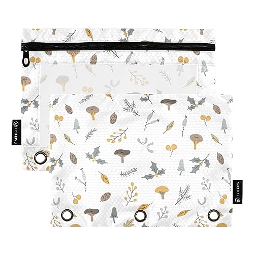 FRODOTGV Woodland Mushrooms Berry Pine Binder-Bleistiftbeutel, 3-Ring-Federmäppchen, 2 Stück, transparentes Federmäppchen mit Reißverschluss, drei Löcher, Stiftebeutel für 3-Ringbuch von FRODOTGV