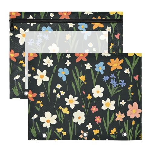 Federmäppchen mit Sommerblumen, mit glatten Reißverschlüssen, Kunststoff-Aktenordner für 3 Ringe, 2 Stück, Studenten, College-Zubehör von FRODOTGV
