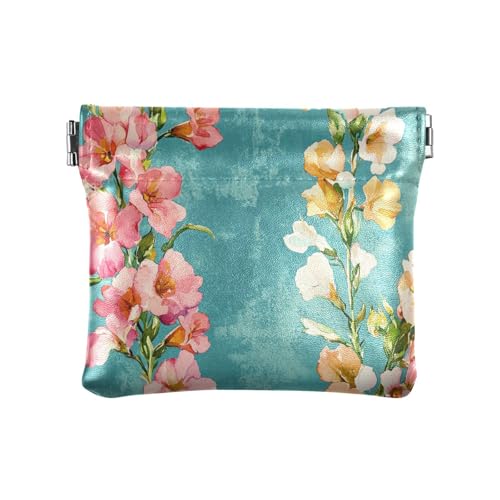 Gelbe Pfirsichblüten Blaugrün Damen Kleine Leder Münzgeldbörse Geldbörse Einzigartige Tasche Geldbörse Make-up Tasche für Männer Frauen Reisen, Gelbe Pfirsichblüten, Blaugrün, 4.33"(L) x 3.74"(W) x von FRODOTGV
