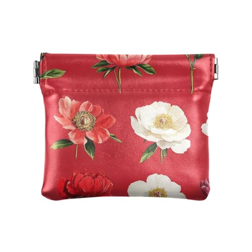 Geldbörse aus Leder, Retro-Pfingstrosen, rot, für Damen und Herren, tragbar, Schmuck für Damen, Retro Pfingstrosen, Rot, 4.33"(L) x 3.74"(W) x 0.39"(H), Classic von FRODOTGV