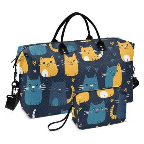 Gepäck-Reisetasche, Katzen-Cartoon-Muster auf blauem schwarzem Hintergrund, Wochenendtasche mit verstellbarem Riemen, Turnbeutel für Reisen, Flugzeug, Reisen, große Kapazität, Katzen-Cartoon-Muster von FRODOTGV