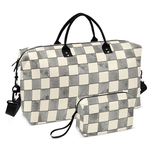 Gepäck Reisetasche Groß Turnbeutel Faltbare Übernachtungstasche mit Kulturbeutel für Sport Gym Plaid Muster Weiß Grau, Karomuster, Weiß / Grau, 1 Size von FRODOTGV