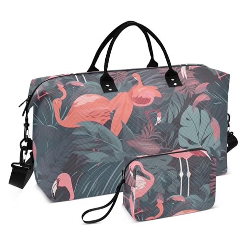 Große Reisetasche mit Flamingo-Illustration, Handgepäck, Wochenendtasche, faltbar, Sporttasche, Turnbeutel mit Kulturbeutel für Workout, Reisen, Rosa und grüne Flamingo-Illustration, 1 Size von FRODOTGV