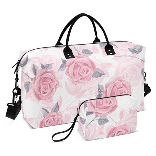 Große Reisetasche mit rosa Rosen, Aquarell-Blumenmuster, großes Handgepäck, Flughafentasche, wasserdicht, Turnbeutel mit Kulturbeutel für Fitnessstudio, Reisen, Rosa Rosen, Aquarell-Blumenmuster, 1 von FRODOTGV