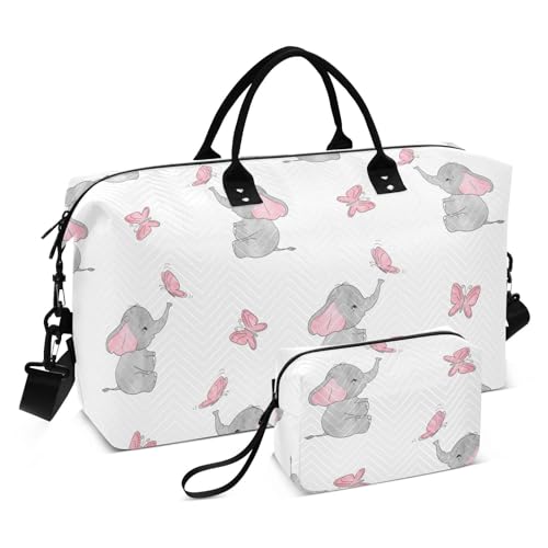 Große Tasche Elefant Schmetterling Rosa Weiß Handgepäcktasche mit verstellbarem Riemen Sport Turnbeutel für Sport Reise Multifunktional, Elefant Schmetterling Rosa Weiß, 1 Size von FRODOTGV