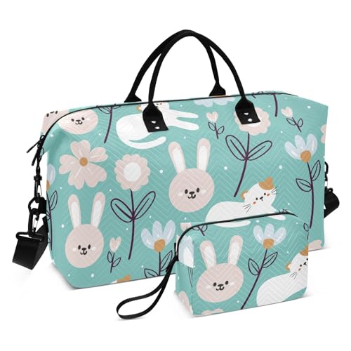 Große Tasche Sporttasche Turnbeutel Große Kapazität Wochenendtasche mit Kulturbeutel für Reisen Reisen Cartoon Katze Hase und Blume Grün, Cartoon-Katze, Hase und Blume, Grün, 1 Size von FRODOTGV