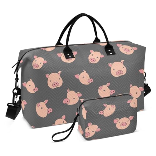 Handgezeichnete süße Schweineköpfe, rosa Reisetasche, Handgepäcktasche, wasserdichte Reisetasche, Turnbeutel mit Kulturbeutel für Reisen, Flugzeug, Reisen, Handgezeichnete, niedliche Schweineköpfe, von FRODOTGV