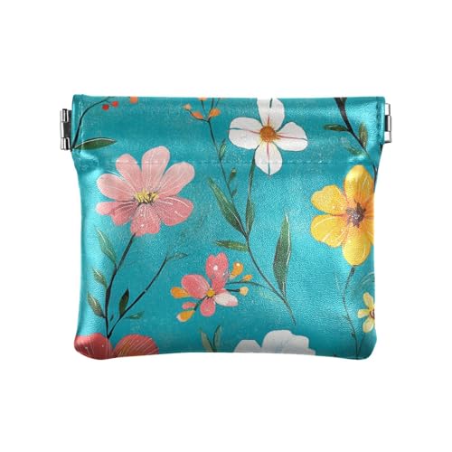 Kleine Geldbörse für Damen, Retro-Blumen, türkis, Leder, ausgefallener Schmuck-Organizer für Männer und Frauen, Reisen, Kleine Retro-Blumen, 4.33"(L) x 3.74"(W) x 0.39"(H), Classic von FRODOTGV