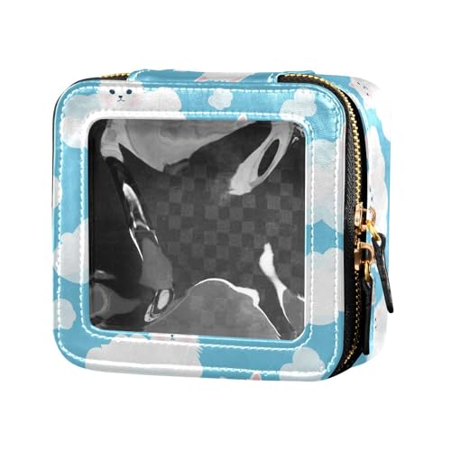 Kosmetiktasche mit süßen, gelben Gummienten, Entchen, Seife, Leder, transparent, Make-up-Tasche für Damen, Kosmetiktasche, Hautpflege, Katzen mit niedlichem Wolkenmuster in Blau, Einheitsgröße von FRODOTGV
