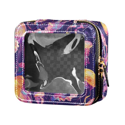 Make-up-Tasche mit niedlichem Weihnachtsbaum, rotes LKW, Leder, transparent, kleine Make-up-Tasche, Hautpflege, Kosmetik-Organizer für Damen, Ölgemälde mit bunten Quallen, Einheitsgröße von FRODOTGV