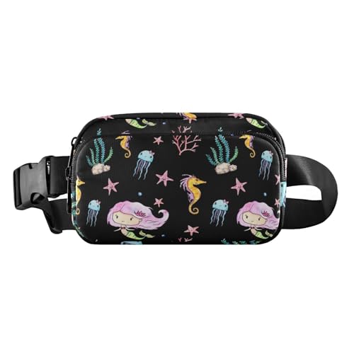 Meerjungfrauen- und Meeresleben-Gürteltasche, schwarz, stilvolle Bauchtasche für Damen und Herren, wasserdichte Gürteltasche, Reisebrieftasche mit verstellbarem Riemen für Reisen, Laufen, Wandern, von FRODOTGV