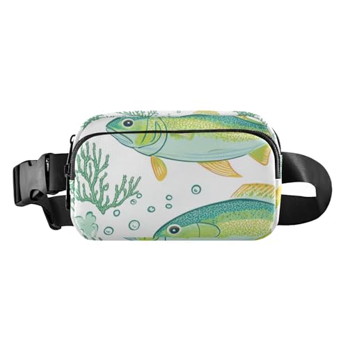 Modische Bauchtasche für Damen und Herren, Motiv: Cartoon-Fische, kleine Crossbody-Sporttasche mit verstellbarem Riemen für Reisen, Fitnessstudio, Arbeit, Grüne Cartoon-Fische, 1 size von FRODOTGV