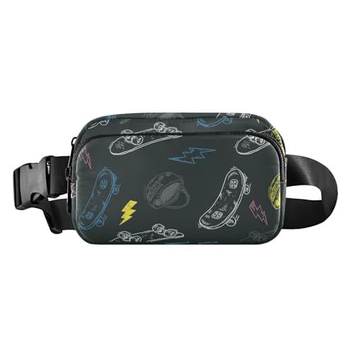 Modische Bauchtasche für Damen und Herren, Motiv: Doodle Skateboard-Muster, schwarz, Mini-Crossbody-Tasche mit verstellbarem Gurt, für Reisen, Fitnessstudio, Arbeit, Doodle Skateboard-Muster, Schwarz, von FRODOTGV