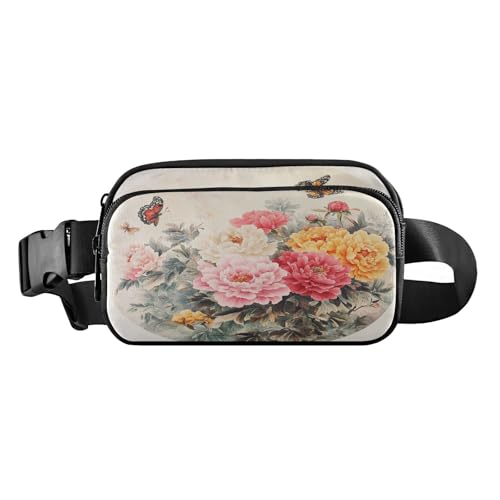 Modische Bauchtasche mit Blumenmotiv, Pfingstrosen, Schmetterlinge, für Damen, Herren, Teenager, kleiner Brustgürtel, Bauchtasche mit verstellbarem Gurt für Reisen, Laufen, Wandern, Blumen von FRODOTGV