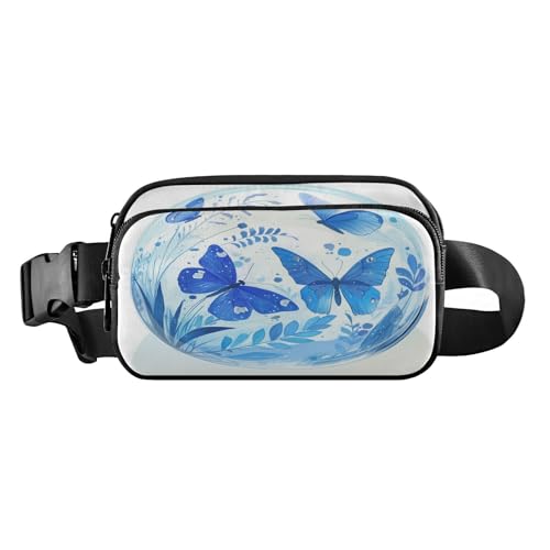 Modische Bauchtasche mit blauen Schmetterlingen, Pflanzen, für Damen, Herren, Teenager, Mini-Reißverschluss, Gürteltasche mit verstellbarem Riemen für Einkaufen, Sport, Arbeit, blaue Schmetterlinge von FRODOTGV
