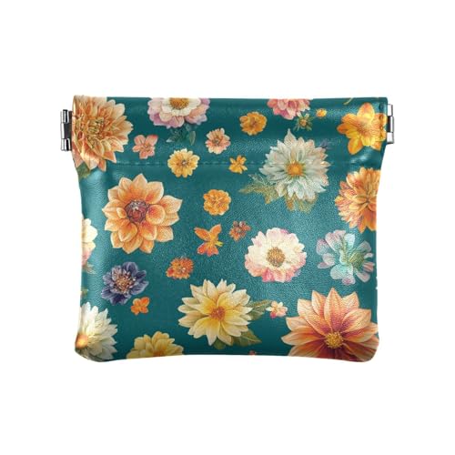 Nature Dahlien Teal Damen Leder Münzbörsen Beutel Einzigartige Kleingeldbörse mit Verschluss für Mädchen Frauen Damen, Nature Dahlien Teal, 4.33"(L) x 3.74"(W) x 0.39"(H), Classic von FRODOTGV