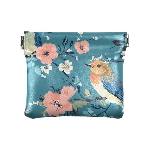Niedliche Blauvögel Blumen Blaugrün Damen Leder Münzbörse Einzigartige Mini-Geldbörse für Männer Frauen Reisen, Niedliche Blauvögel, 4.33"(L) x 3.74"(W) x 0.39"(H), Classic von FRODOTGV
