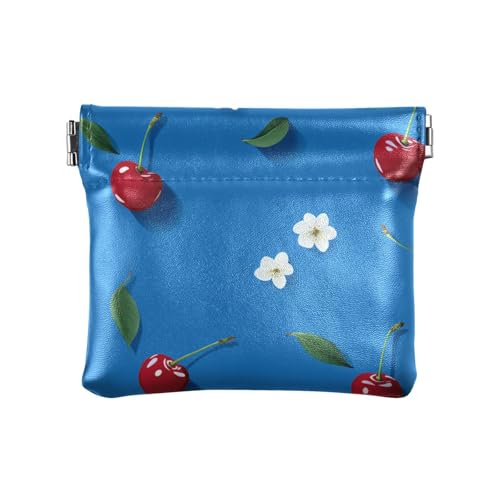 Red Cherry Fruits Blue Women Men Leather Coin Purses Cute Mini Card Holder Wallet for Women, Rote Kirschfrüchte, blau, 4.33"(L) x 3.74"(W) x 0.39"(H), Classic von FRODOTGV