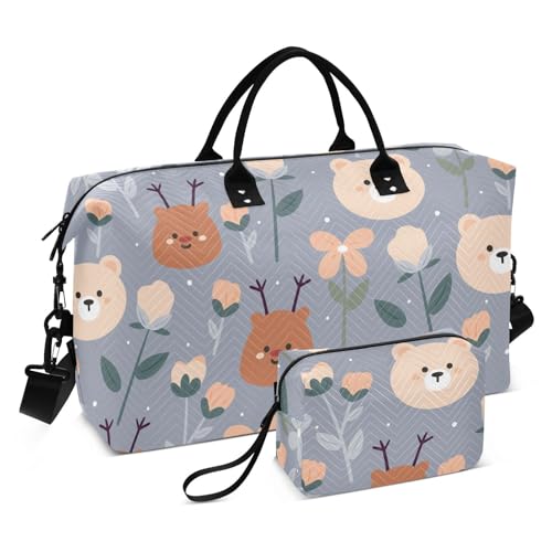 Reise-Handtasche, Cartoon-Bär, Hirsch und Blume, braun, für Reisen, Übernachtung, Handgepäcktasche mit verstellbarem Riemen, Sporttasche, Turnbeutel für Yoga, Flugzeug, Reisen, faltbar, Cartoon-Bär, von FRODOTGV