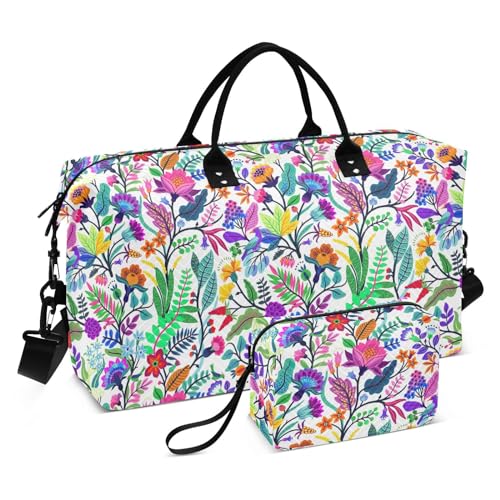 Reisetasche, Turnbeutel, 2-teiliges Set, Übernachtungstasche mit verstellbarem Riemen, für Yoga, Yoga, nahtloses Blumenmuster, bunte Blumen, Nahtloses Blumenmuster, bunte Blumen, 1 Size von FRODOTGV