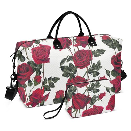 Reisetasche, Turnbeutel, 2-teiliges Set, Weekender, Seesack mit Kulturbeutel für Fitnessstudio, Ausflug, nahtloses Muster, rote Blumen, Rosen, Blätter, Nahtloses Muster, rote Blumen, Rosen, Blätter, 1 von FRODOTGV