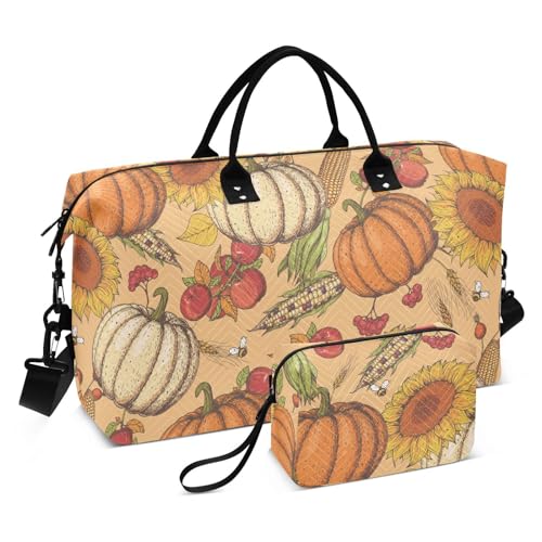 Reisetasche mit Kürbis- und Sonnenblumen-Motiv, Schultertasche, Wochenend-Tragetasche, 2-teiliges Set, Workout-Tasche mit verstellbarem Gurt, für Geschäftsreisen, Yoga, Kürbis und Sonnenblume, 1 Size von FRODOTGV