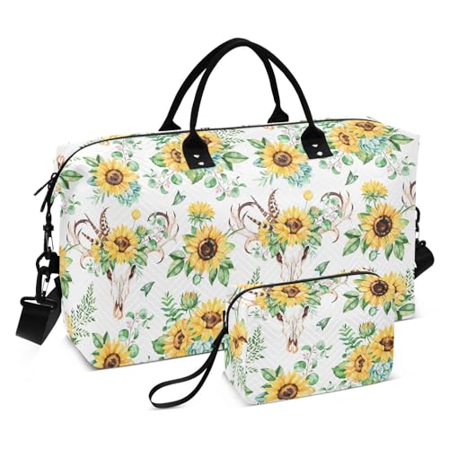 Reisetasche mit Sonnenblumen-Ecken, Boho-Aquarell-Hintergrund, Übernachtungstasche mit verstellbarem Riemen, großer Turnbeutel für Workout, Wandern, wasserdicht, von FRODOTGV