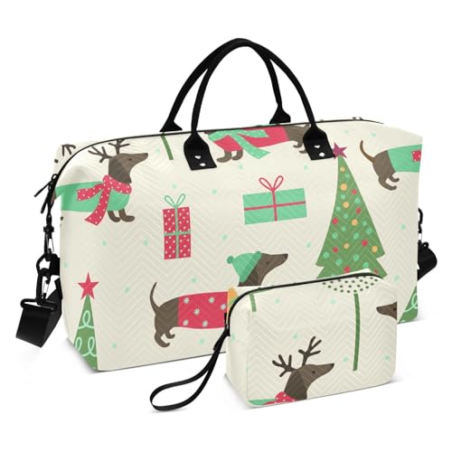 Reisetasche mit Weihnachtsbäumen, Dackel, Grün, 2-teiliges Set, Turnbeutel mit Kulturbeutel für Ausflüge, Wandern, Weihnachtsbäume Dackel grün, 1 Size von FRODOTGV