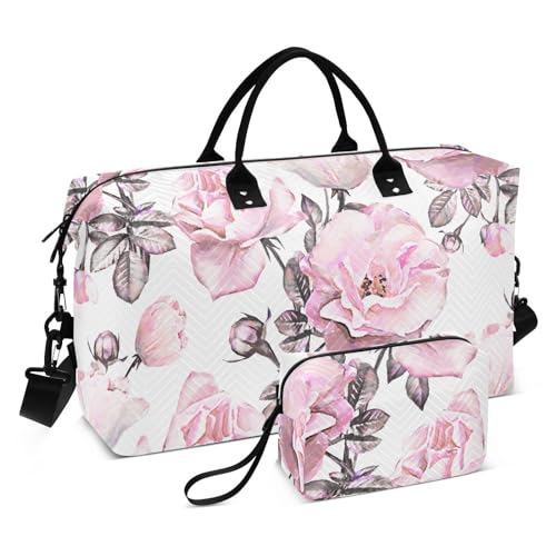 Reisetasche mit rosa Blättern, Tragetasche und Gepäck, 2-teiliges Set, Turnbeutel mit verstellbarem Riemen für Reisen, Fitnessstudio, Rosa Blätter, 1 Size von FRODOTGV