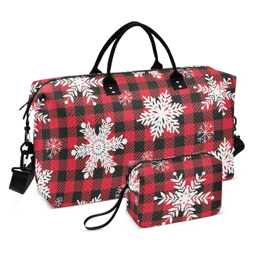 Reisetasche mit rotem Büffelkaro, Schneeflocken, Wochenendtasche mit verstellbarem Riemen, Turnbeutel für Yoga, Reisen, faltbar, Rote Buffalo Plaid Schneeflocken, 1 Size von FRODOTGV