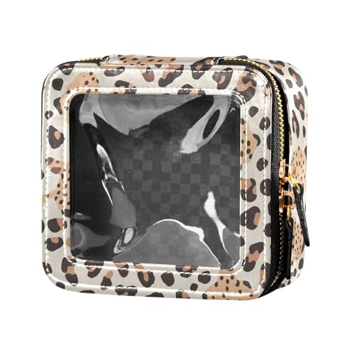 Retro-Make-up-Tasche mit Schachbrettmuster, Blumenmotiv, niedlich, transparent, für Mädchen, tragbar, Kosmetik-Organizer, Hautpflegebeutel, Leoparden-Print, 1 Size von FRODOTGV