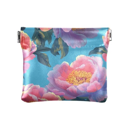 Retro Pfirsich-Pfingstrosen Blau Damen Leder Münzbörse Geldbörse Niedlich Mini Münzbörse Beutel für Mädchen Damen Handtasche, Retro Pfirsich-Pfingstrosen, Blau, 4.33"(L) x 3.74"(W) x 0.39"(H), Classic von FRODOTGV