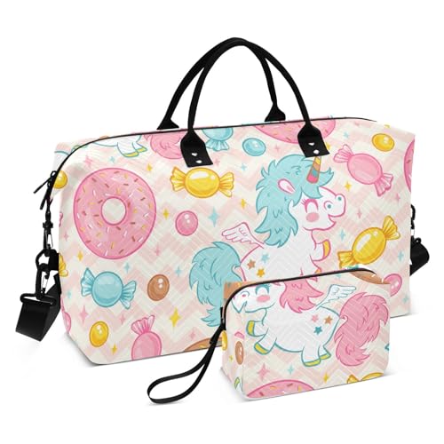 Übergroße Reisetasche, 2-teiliges Set, Handgepäcktasche mit Kulturbeutel für Yoga, Trekking, niedliche Einhörner und Donuts, Rosa, Niedliche Einhörner und Donuts, rosa, 1 Size von FRODOTGV