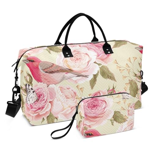 Übergroße Reisetasche, Motiv: englische Rosen, Vögel, rosa, Handgepäcktasche mit Kulturbeutel, Sporttasche, für Trekking, Fitnessstudio, 2-teiliges Set, Englische Rosen, Vögel, Rosa, 1 Size von FRODOTGV