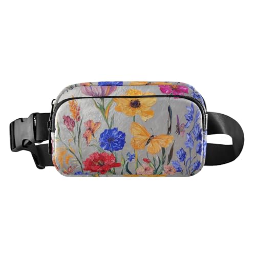 Umhängetasche mit Frühlingsblumen, Pfingstrosen, Sonnenblume, Iris, Marineblau, stilvolle Umhängetasche, Hüfttasche für Damen und Herren, wasserdicht, mit verstellbarem Gurt, für Reisen, Urlaub von FRODOTGV