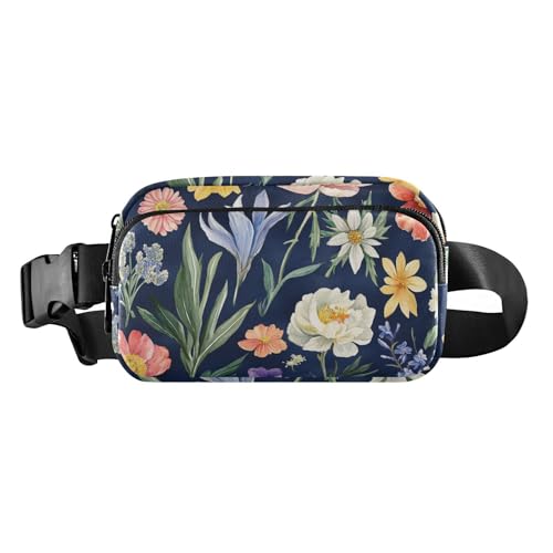 Umhängetasche mit Frühlingsblumen, Pfingstrosen, Sonnenblume, Iris, Marineblau, stilvolle Umhängetasche, Hüfttasche für Damen und Herren, wasserdicht, mit verstellbarem Gurt, für Reisen, Urlaub von FRODOTGV