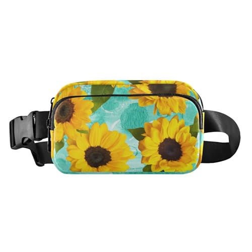 Umhängetasche mit gelben Sonnenblumen mit grünen Blättern, für Damen und Herren, kleine Gürteltasche mit Reißverschluss, verstellbarer Riemen, für Radfahren, Wandern, Fitnessstudio, Gelbe Sonnenblumen von FRODOTGV