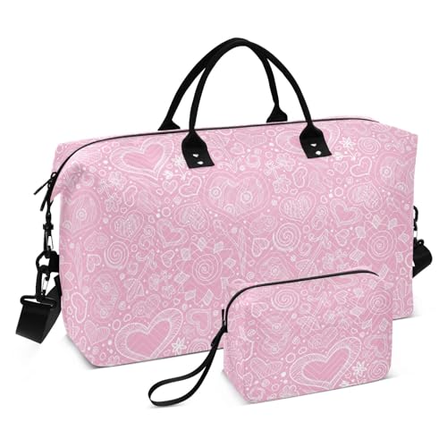 Valentines Day Cardornate handgezeichnete rosa persönliche Gegenstände, Reisetasche, Wochenendausrüstung, Tasche, 2-teiliges Set, Sport, Turnbeutel mit Kulturbeutel für Flugzeugreisen, von FRODOTGV