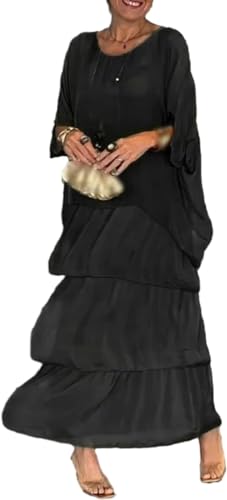 FROGTEST Artistic Style Loose Dress Damen Casual A-Linie Fledermausärmel Kleid Rundhals 3/4 Ärmel Urlaub Maxi, Schwarz , XX-Large von FROGTEST
