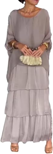 Artistic Style Loose Dress Damen Casual A-Linie Fledermausärmel Kleid Rundhals 3/4 Ärmel Urlaub Maxi, grau, L von FROGTEST