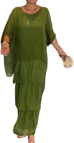 Artistic Style Loose Dress Damen Casual A-Linie Fledermausärmel Kleid Rundhals 3/4 Ärmel Urlaub Maxi, grün, XX-Large von FROGTEST