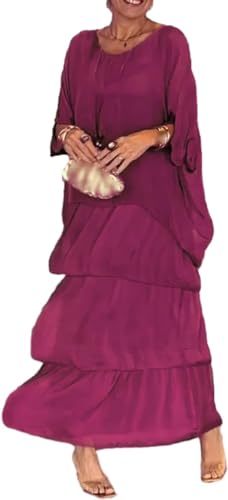 Artistic Style Loose Dress Damen Casual A-Linie Fledermausärmel Kleid Rundhals 3/4 Ärmel Urlaub Maxi, violett, X-Large von FROGTEST