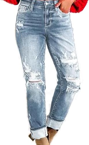 FROGTEST Bauchkontrolle, Distressed Cuffed Boyfriend-Jeans, Damen, gerade, Skinny Fit, dehnbare Denim-Hose, hellblau, L von FROGTEST
