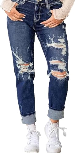 FROGTEST Bauchkontrolle, Distressed Cuffed Jeans für Damen, gerade, Skinny Fit, dehnbare Denim-Hose (Blau, L), blau von FROGTEST