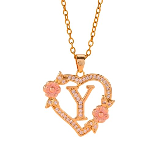 Elegante Halskette mit ausgehöhltem Buchstaben-Charm, Messing, floraler Herz-Anhänger, leichter Schmuck für besondere Anlässe, stilvolle Initialen-Halskette für Sie, Einheitsgröße, Wie beschrieben von FROMCEO