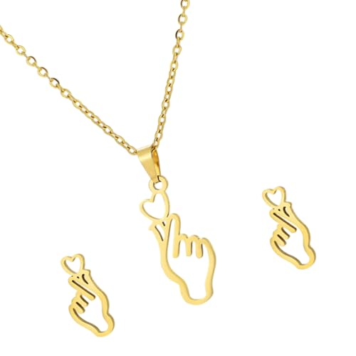 FROMCEO Einzigartige Hand Herz Geste Halskette Ohrringe Edelstahl Textur Mode Ohrstecker für Freizeit und verschiedene Anlässe Hohl Hand Anhänger Passende Ohrringe, Einheitsgröße, Wie beschrieben, Wie von FROMCEO