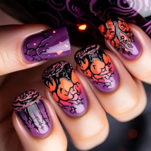 Festliche Halloween-Nägel, Kunstbaum, quadratisch, M, Länge der künstlichen Nägel, Licht für Frauen, Partys, Event, lila, mystischer Wald, künstliche Nägel von FROMCEO