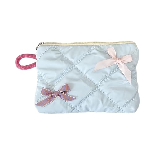 Reise-Organizer mit Schleife verziert, tragbare Make-up-Tasche, mehrere Fächer, Zubehörhalter, modische Kosmetiktasche mit Schleife, hellblau, Einheitsgröße von FROMCEO